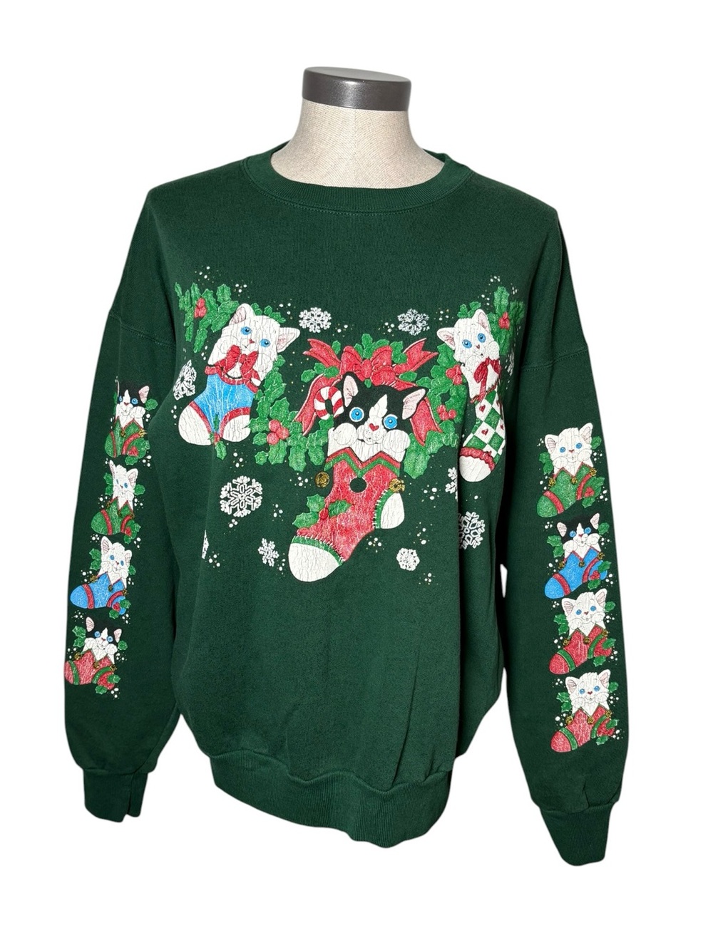Vintage Murina Christmas Cat Sweatshirt Large Green Holiday Kittens USA Stocking